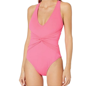 La Blanca  Island Goddess Drape Twist Belt Front 1 pc Swimsuit, Ginger, Size 8